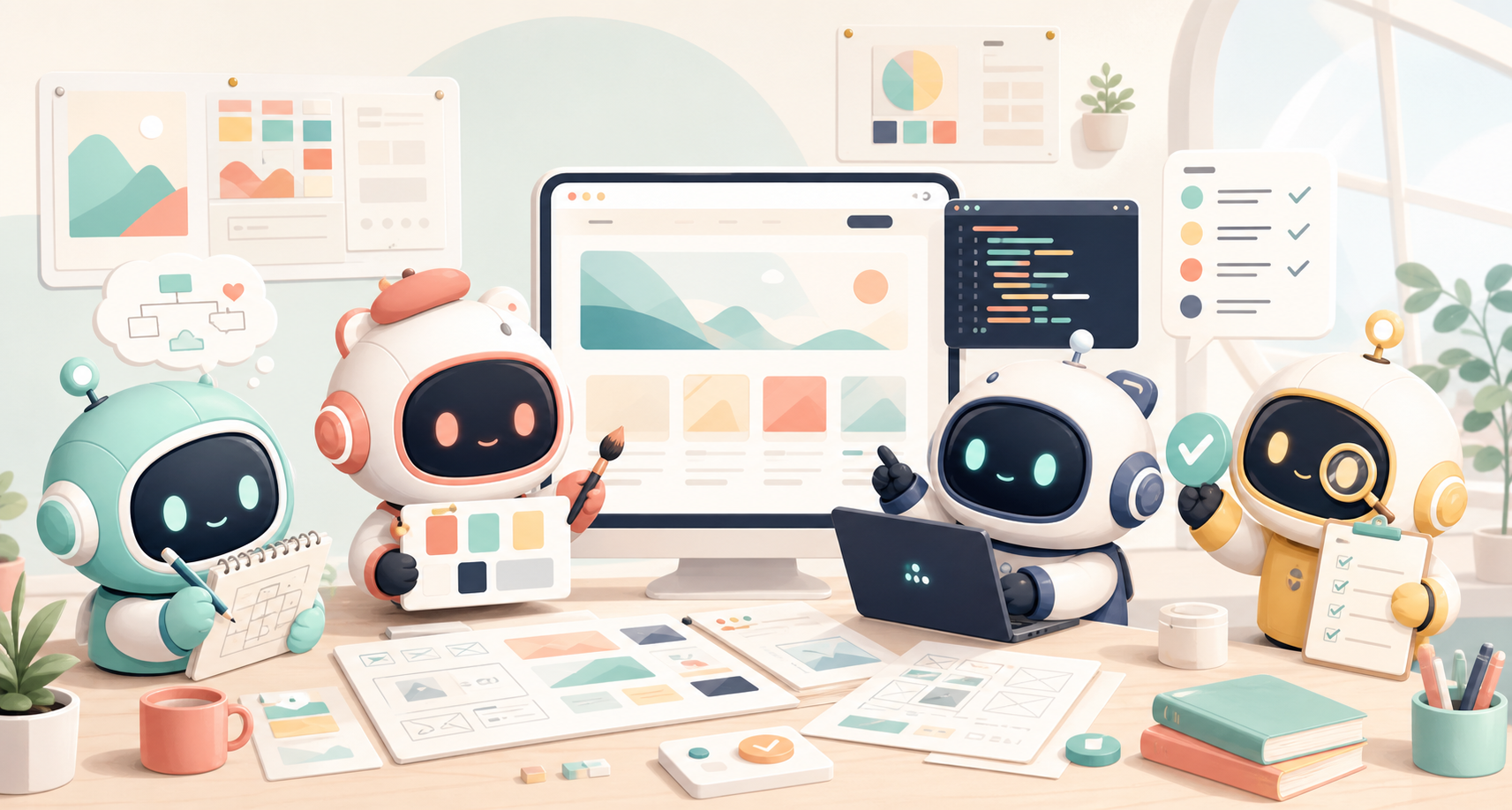 AI社員のキャラクターたちがホームページ制作に取り組む明るいスタジオ