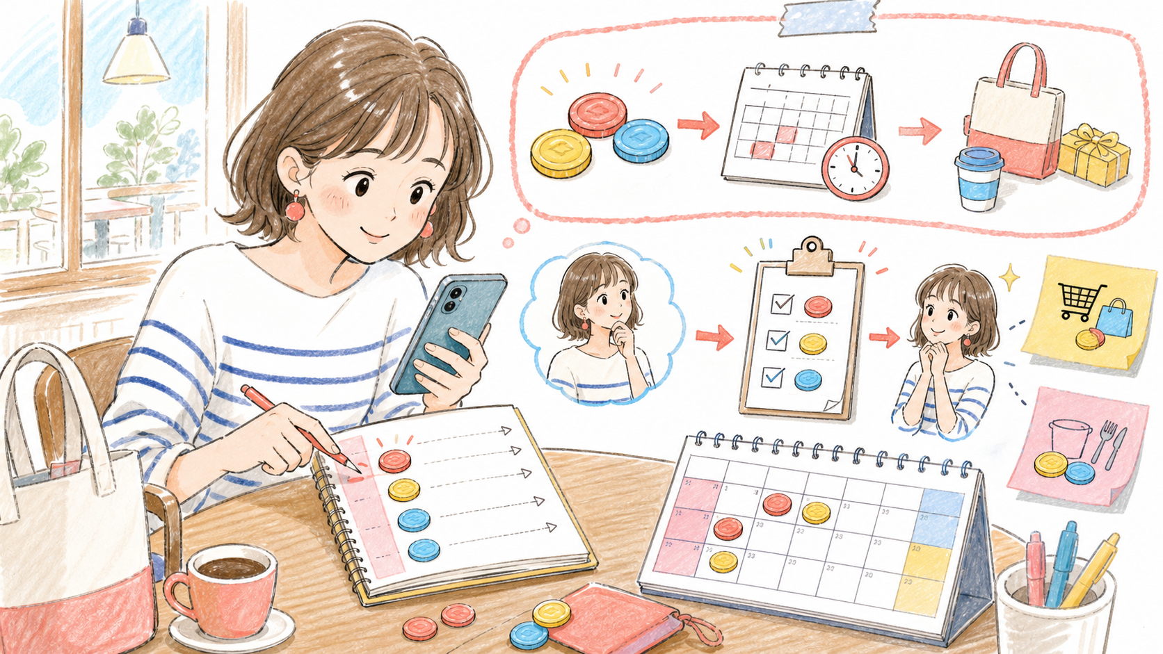 ポイントの失効日、使い道、対象条件をスマホとメモで整理するイメージ