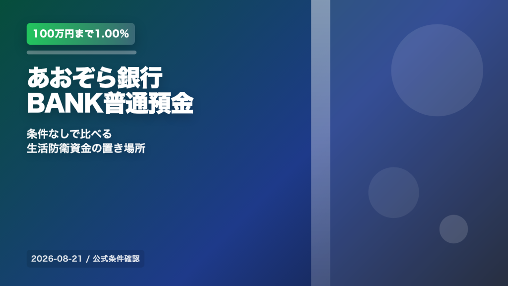 あおぞら銀行BANK普通預金は100万円まで1.00%|条件なしで使う前に見る3点 の案内イメージ