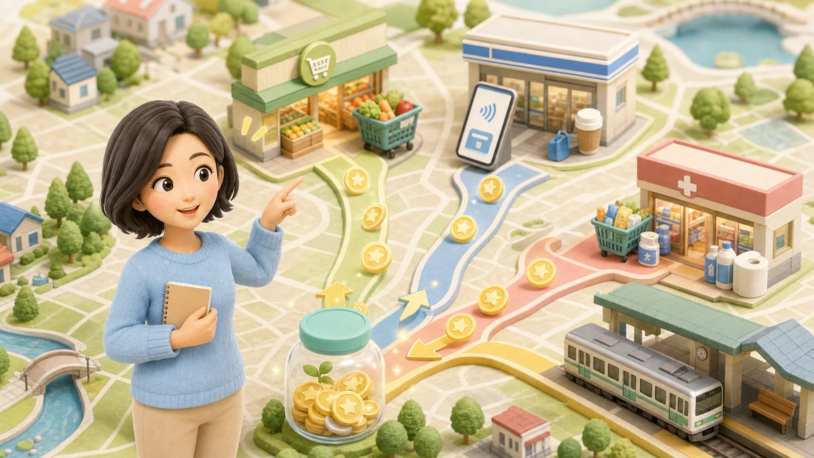ミナがスーパー、コンビニ、ドラッグストア、駅を結ぶお得な支払いルートを選ぶ3Dイラスト