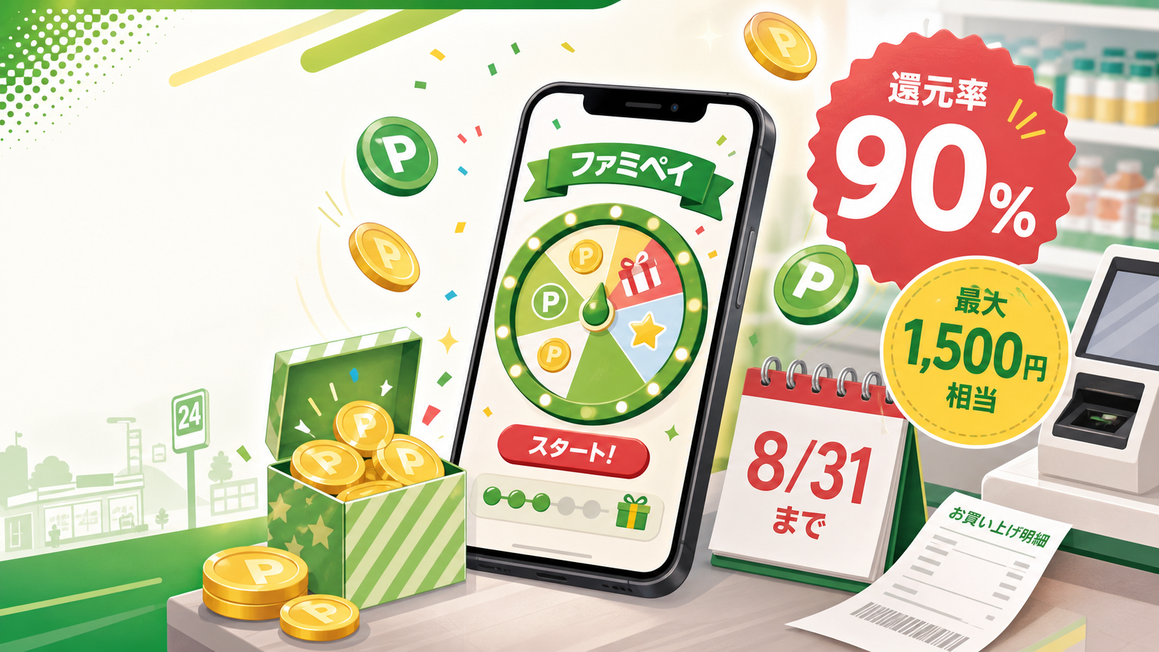 ファミペイ払いで1円相当以上が90％当たるゲーム｜最大1,500円相当は期間限定ポイント の案内イメージ