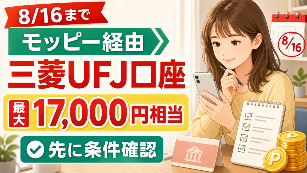 モッピー経由の三菱UFJ銀行口座開設が8月16日まで最大17,000円相当|先に見る条件 の案内イメージ