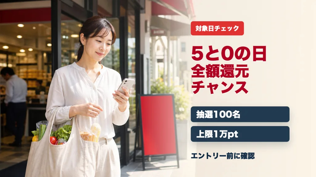 楽天ペイ5と0のつく日は全額還元チャンス|抽選100名・上限1万ポイントの見方 の案内イメージ